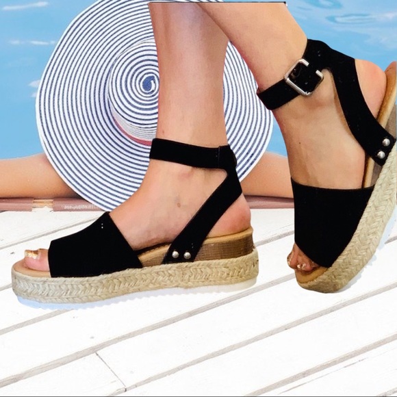 Hot! Soda Topic Black Espadrille Wedge Platform Sandal Nu Shuz Key West - Picture 3 of 9